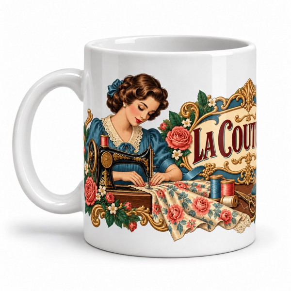 Mug métiers d’autrefois - La couturière, façon affiche, anse à gauche