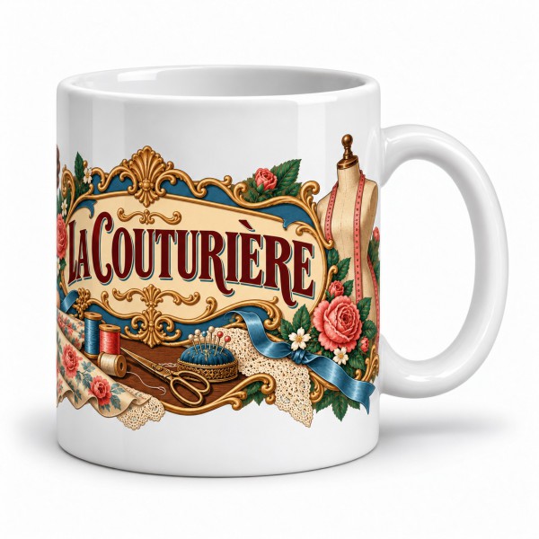 Mug métiers d’autrefois - La couturière, façon affiche, anse à droite
