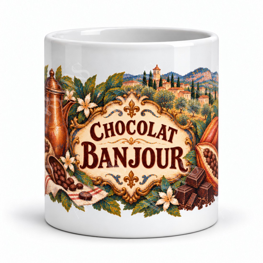 Mug chocolat - Chocolat Banjour, façon tableau, vue de face
