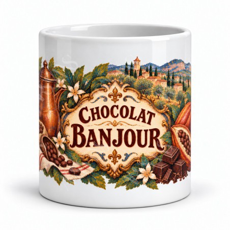 Mug chocolat - Chocolat Banjour, façon tableau, vue de face
