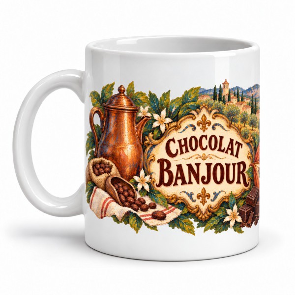 Mug chocolat - Chocolat Banjour, façon tableau, anse à gauche