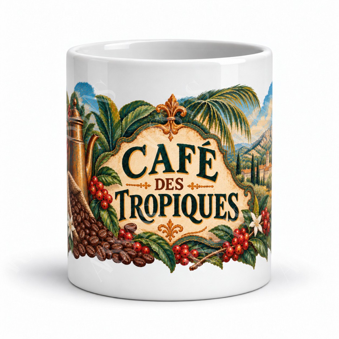 Mug café - Café des Tropiques, façon tableau, vue de face