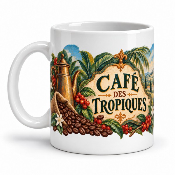 Mug café - Café des Tropiques, façon tableau, anse à gauche