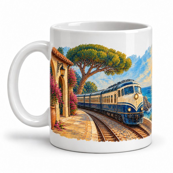 Mug rétro - Le Train de la Riviera, façon tableau, anse à gauche