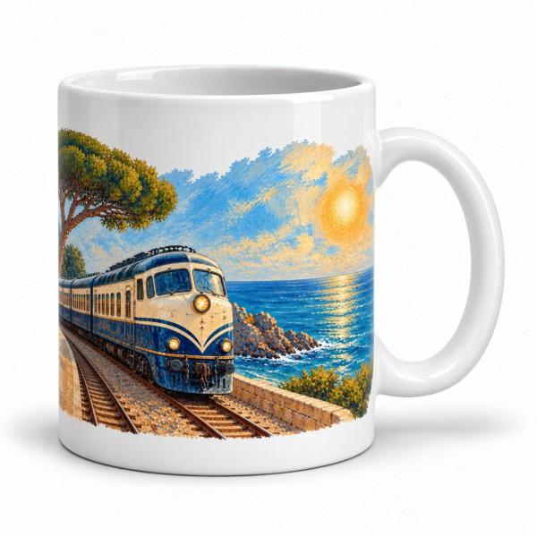 Mug rétro - Le Train de la Riviera, façon tableau, anse à droite