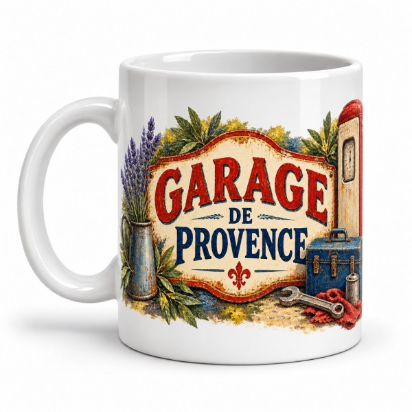 Mug rétro - Garage de Provence, façon tableau, anse à gauche