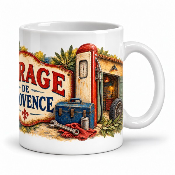 Mug rétro - Garage de Provence, façon tableau, anse à droite