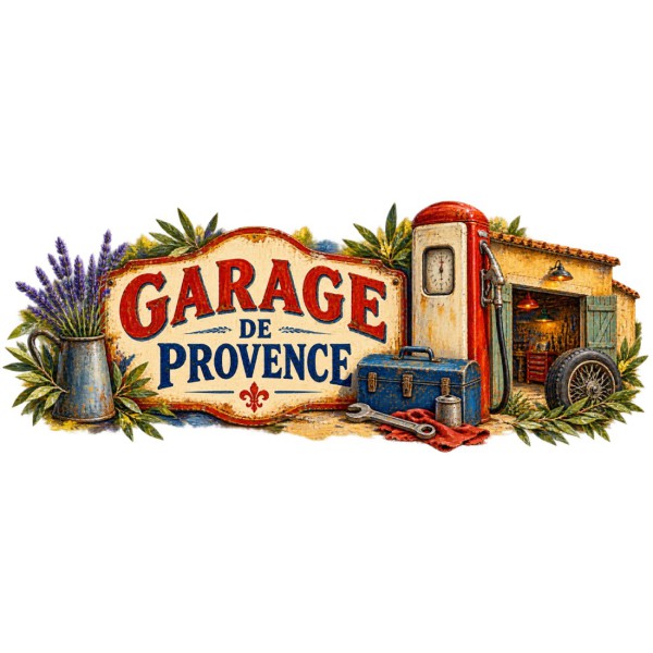 Mug rétro - Garage de Provence, façon tableau, décor à plat