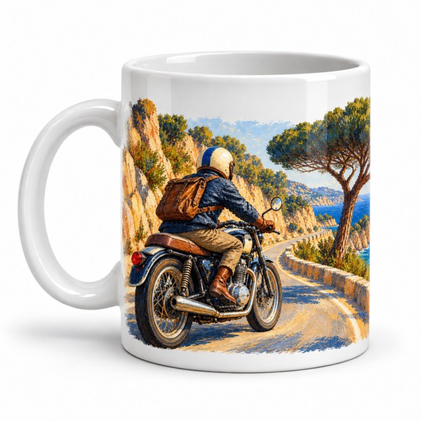 Mug rétro - Moto sur la corniche, anse à gauche