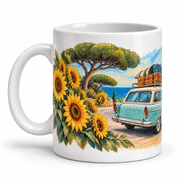 Mug rétro - Route des vacances, façon tableau, anse à gauche