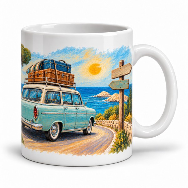 Mug rétro - Route des vacances, façon tableau, anse à droite