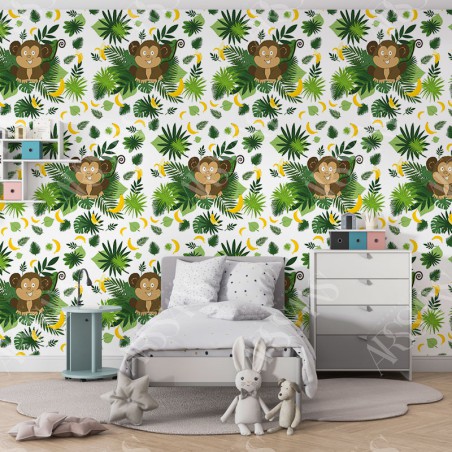 Papier Peint Petit Singe - papier peint intissé vert pour chambre d'enfant