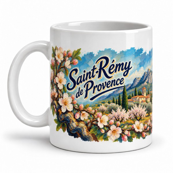 Mug Provence - Amandiers en fleurs, façon carte postale, anse à gauche
