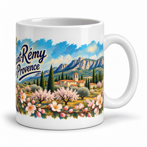 Mug Provence - Amandiers en fleurs, façon carte postale, anse à droite