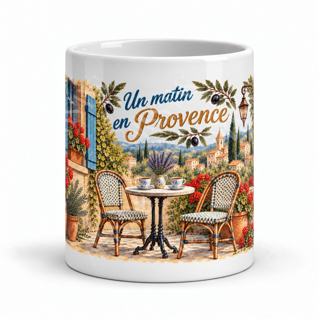 Mug Provence - Terrasse et café du matin, vue de face