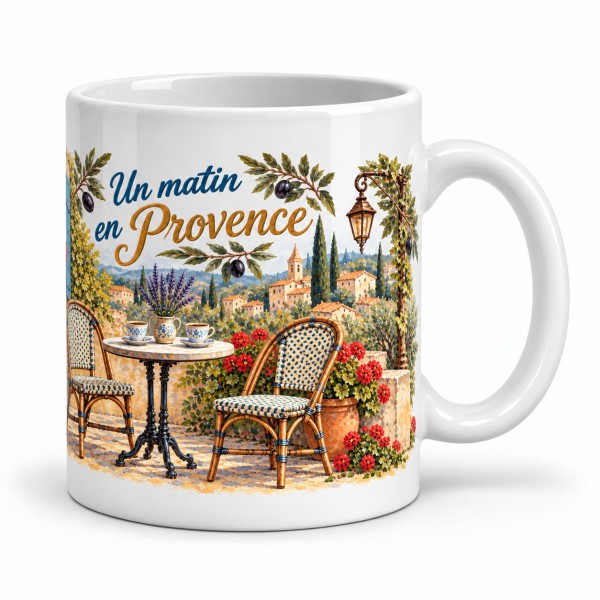 Mug Provence - Terrasse et café du matin, anse à droite