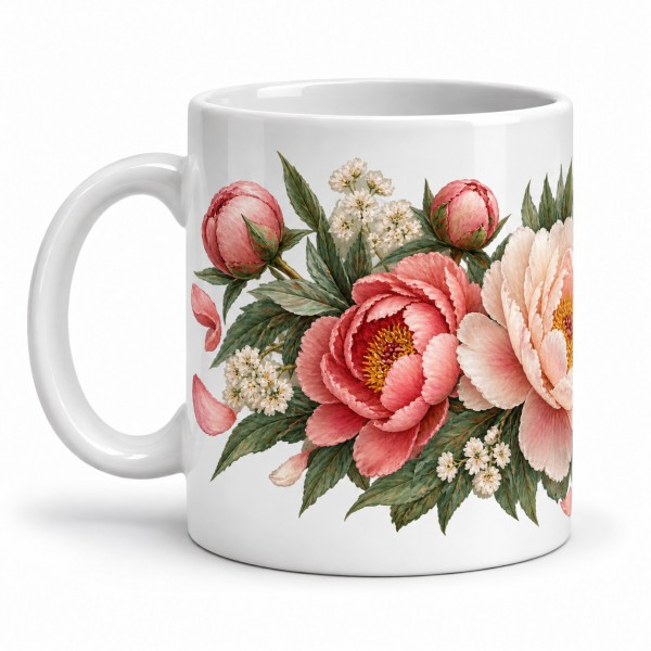 Mug fleurs - Brassée de pivoines, anse à gauche