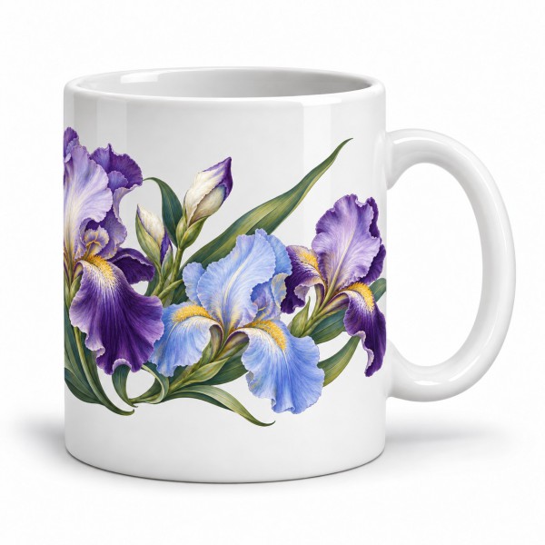 Mug fleurs - Iris et feuillage, anse à droite