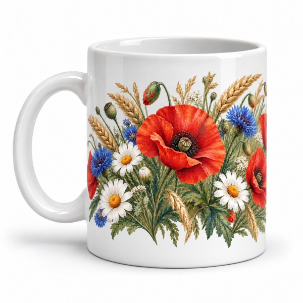 Mug fleurs - Fleurs des champs et coquelicots, anse à gauche