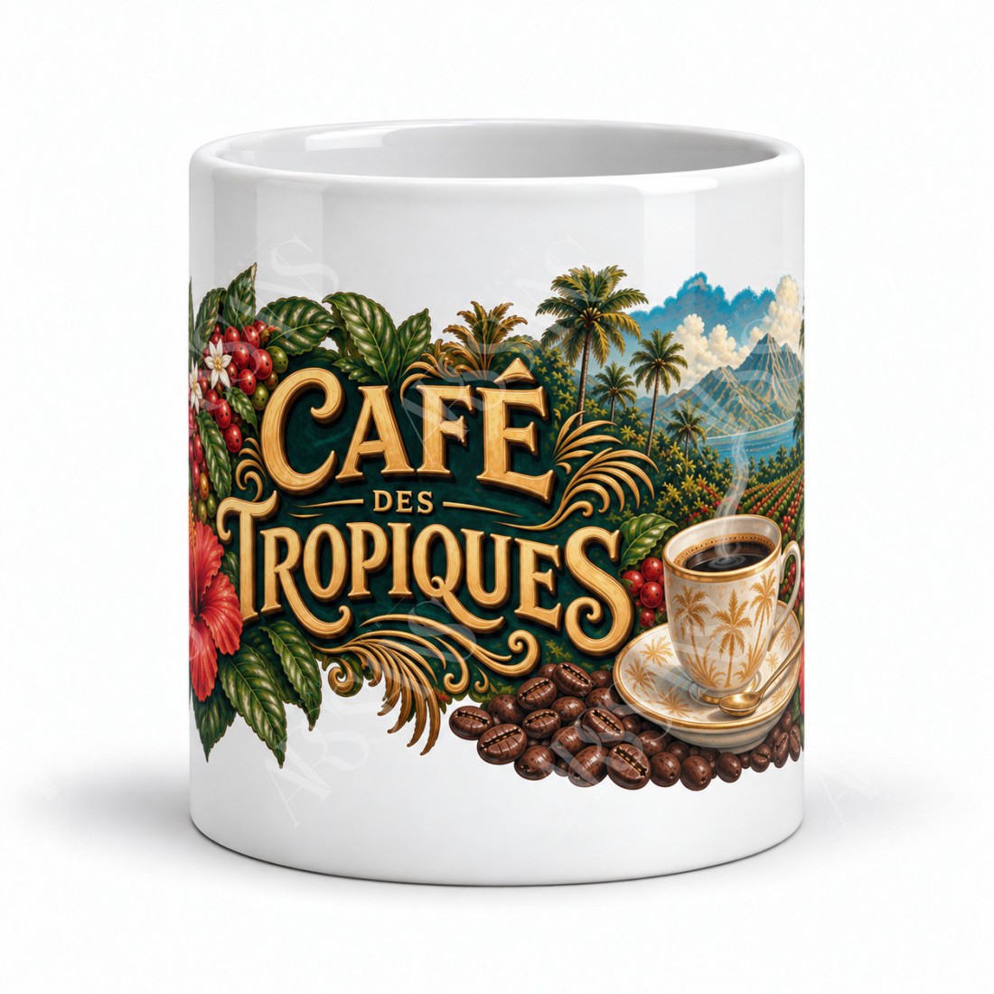 Mug café - Café des Tropiques, façon carte postale, vue de face