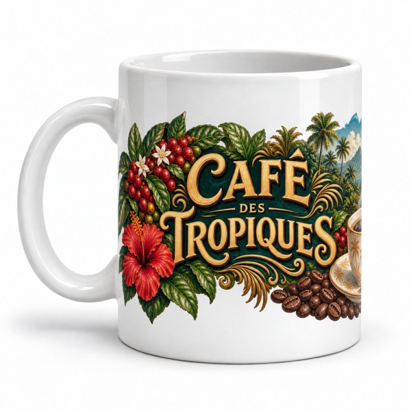 Mug café - Café des Tropiques, façon carte postale, anse à gauche
