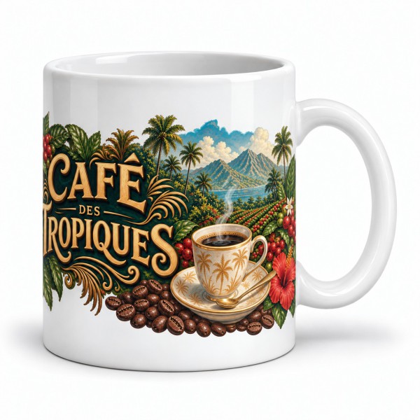 Mug café - Café des Tropiques, façon carte postale, anse à droite