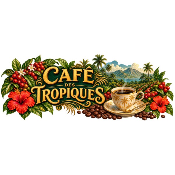 Mug café - Café des Tropiques, façon carte postale, décor à plat