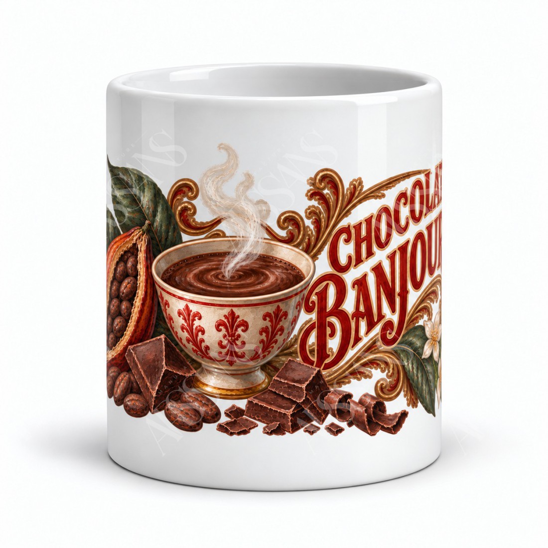 Mug chocolat - Chocolat Banjour, façon carte postale, vue de face