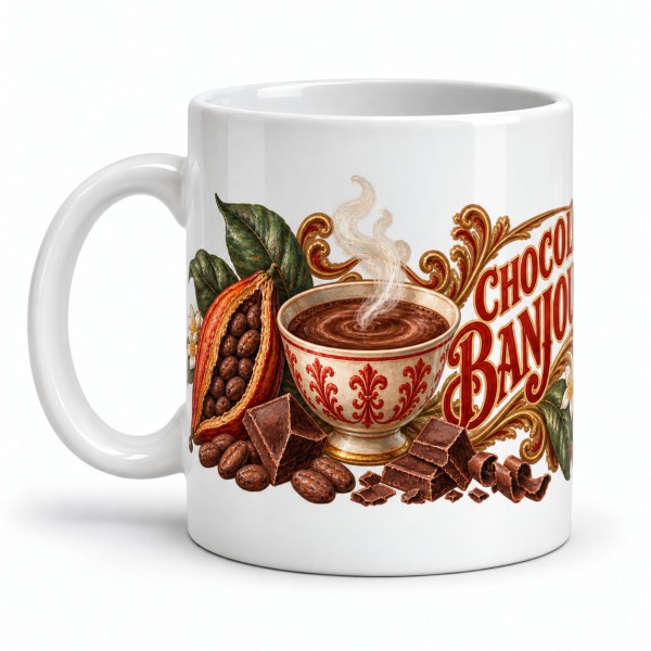 Mug chocolat - Chocolat Banjour, façon carte postale, anse à gauche