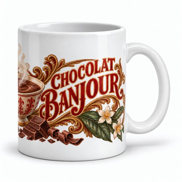 Mug chocolat - Chocolat Banjour, façon carte postale, anse à droite