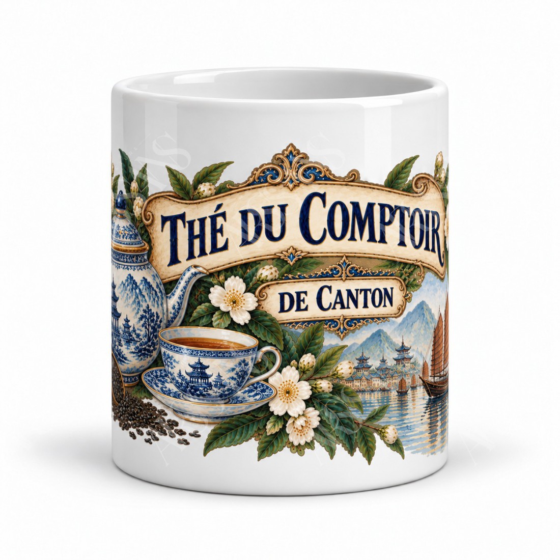 Mug thé - Thé du Comptoir de Canton, façon carte postale, vue de face