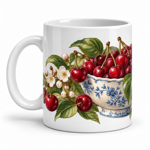 Mug gourmand - Cerises et faïence, façon carte postale, anse à gauche