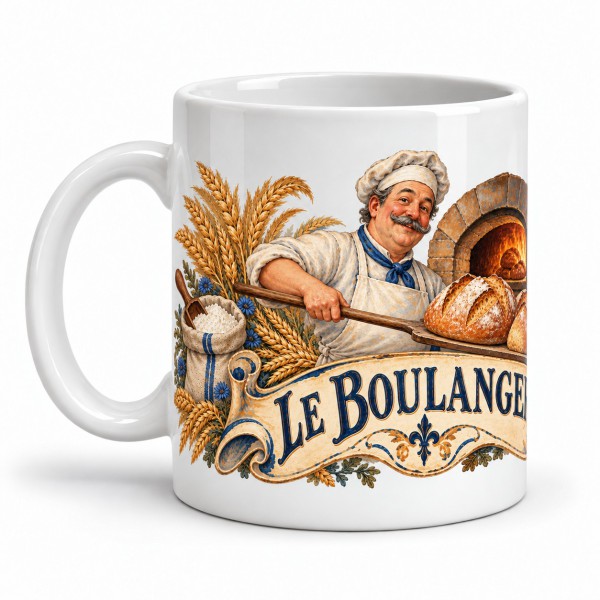 Mug métiers d’autrefois - Le Boulanger, façon carte postale, anse à gauche