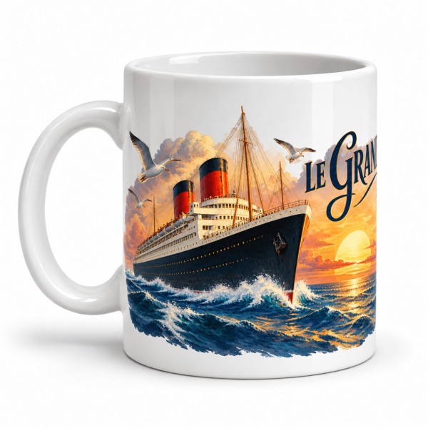 Mug rétro - Paquebot au soleil couchant, anse à gauche