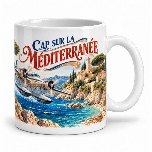 Mug rétro - Hydravion sur la côte, anse à droite