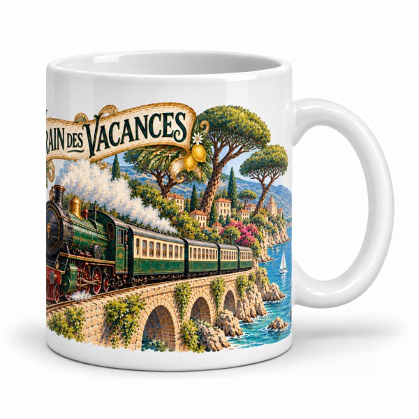 Mug rétro - Train des vacances, anse à droite