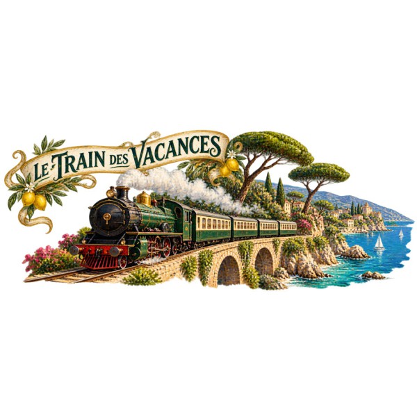 Mug rétro - Train des vacances, décor à plat