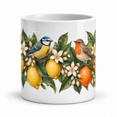 Mug nature - Oiseaux et agrumes, vue de face