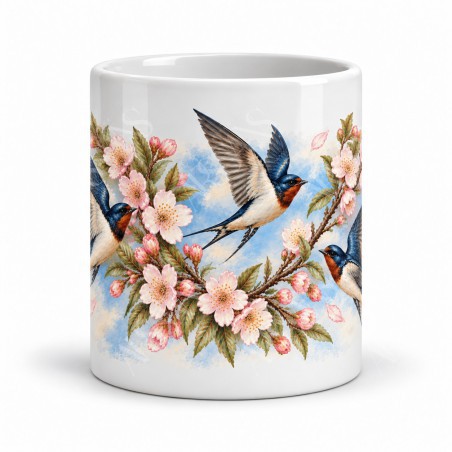 Mug nature - Hirondelles du printemps, façon carte postale, vue de face