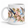Mug nature - Hirondelles du printemps, façon carte postale, anse à gauche
