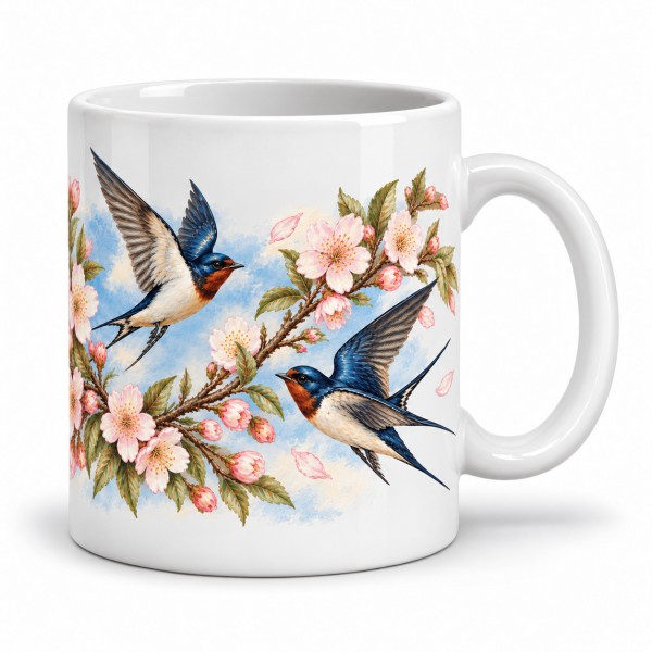 Mug nature - Hirondelles du printemps, façon carte postale, anse à droite