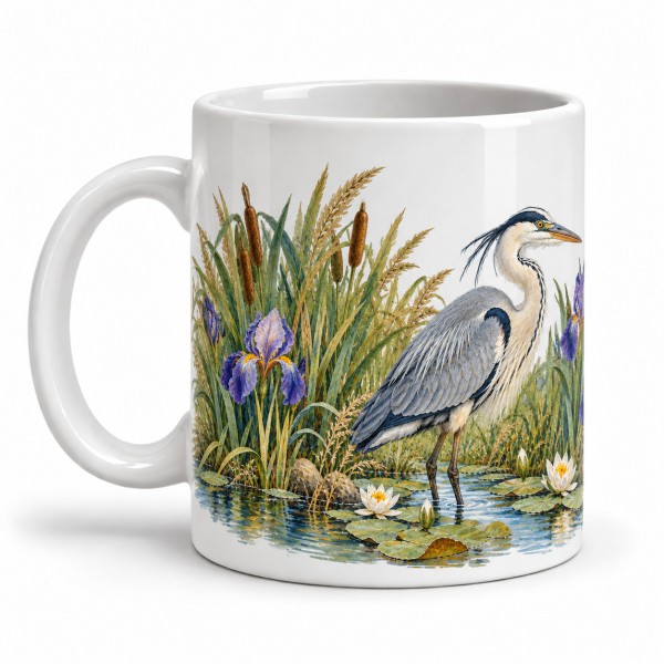 Mug nature - Héron dans les roseaux, anse à gauche