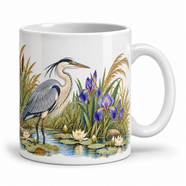 Mug nature - Héron dans les roseaux, anse à droite