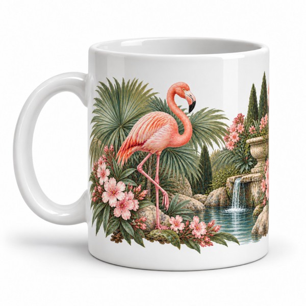 Mug nature - Flamants et jardin méditerranéen, anse à gauche