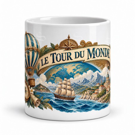 Mug Jules Verne - Le Tour du monde en ballon, façon carte postale, vue de face