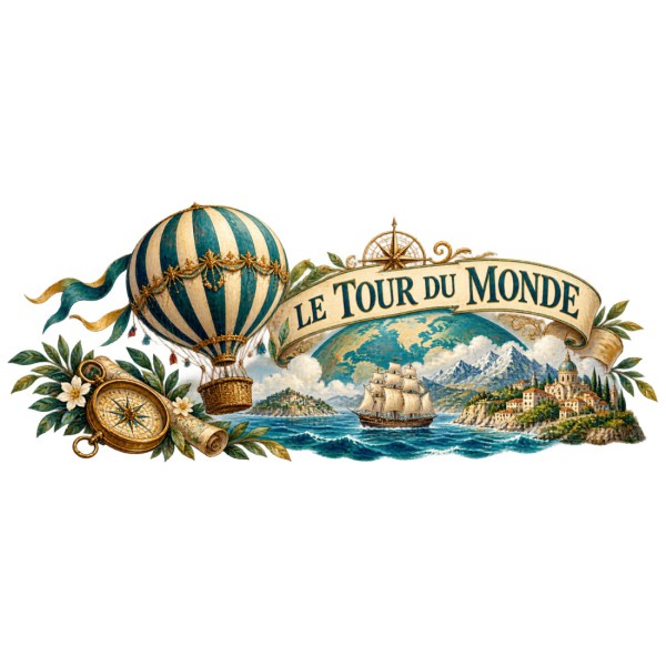 Mug Jules Verne - Le Tour du monde en ballon, façon carte postale, décor à plat
