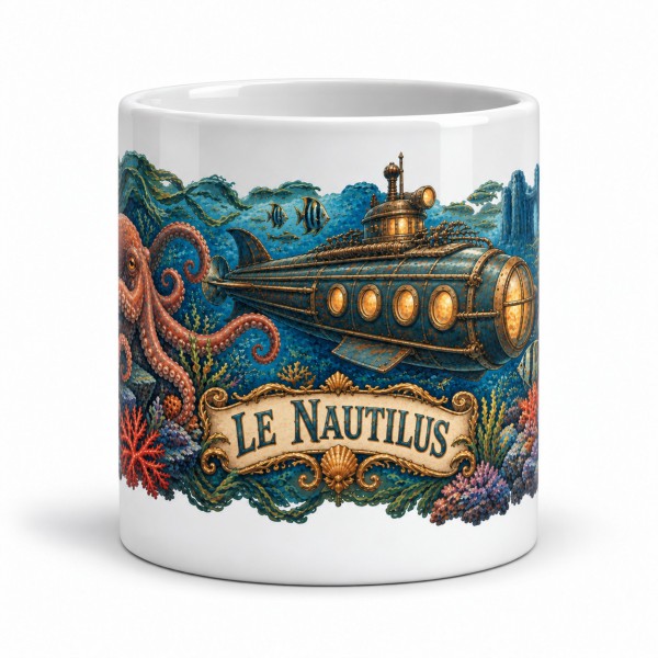 Mug Jules Verne - Le Nautilus et les profondeurs, façon carte postale, Manufacture Arssans