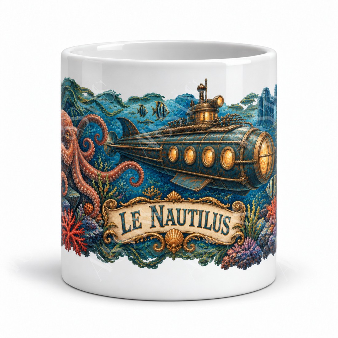 Mug Jules Verne - Le Nautilus et les profondeurs, façon carte postale, vue de face