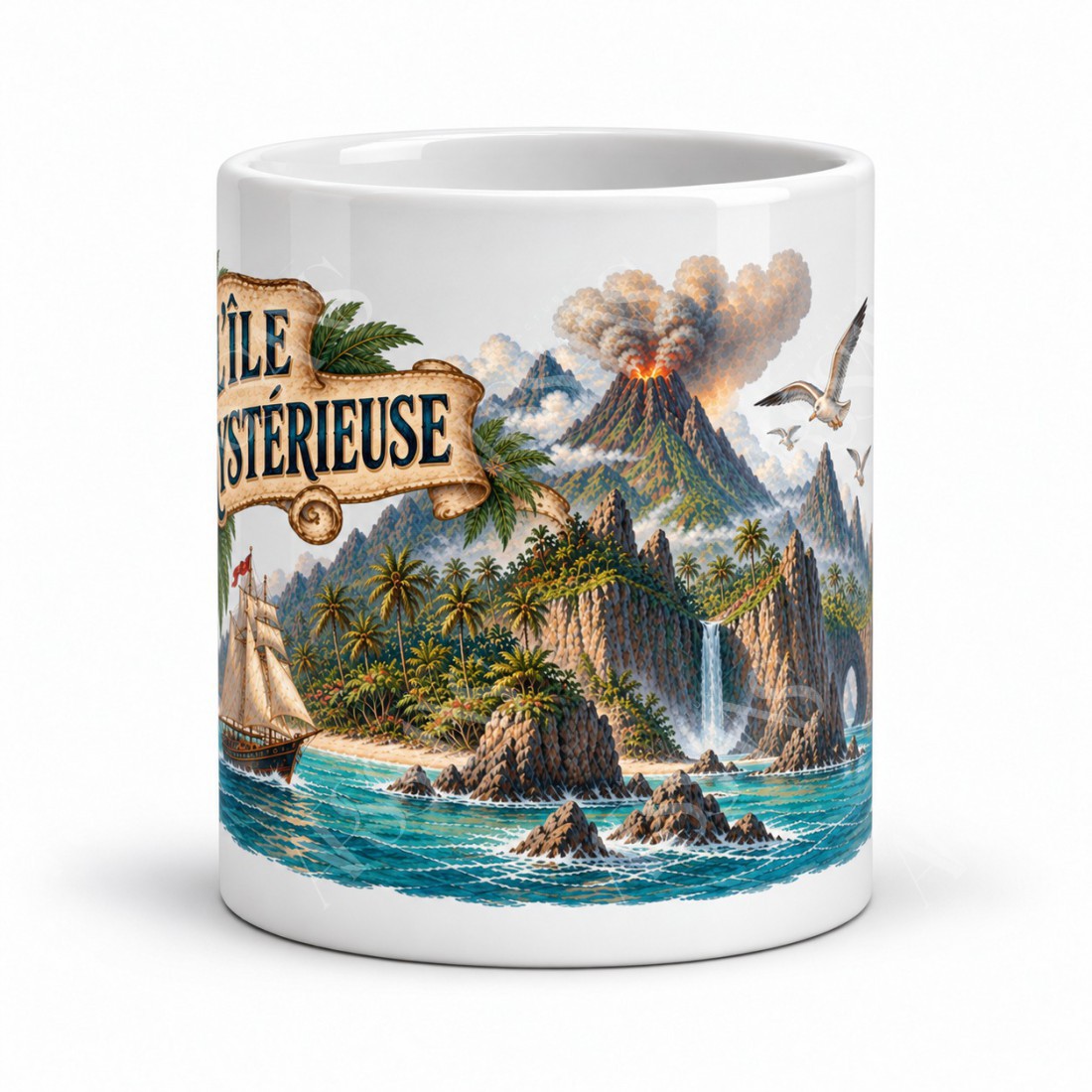 Mug Jules Verne - L’Île mystérieuse, façon carte postale, vue de face