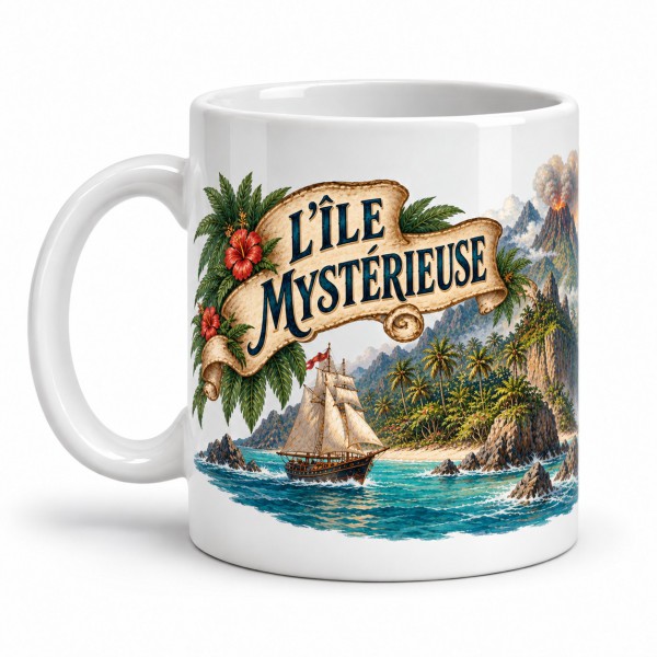 Mug Jules Verne - L’Île mystérieuse, façon carte postale, anse à gauche